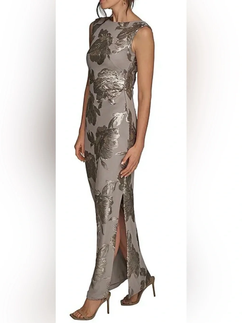 NEW Donna Karan Sequin Floral Sleeveless Dark Clay Gown Sz 8 - Picture 4 of 10